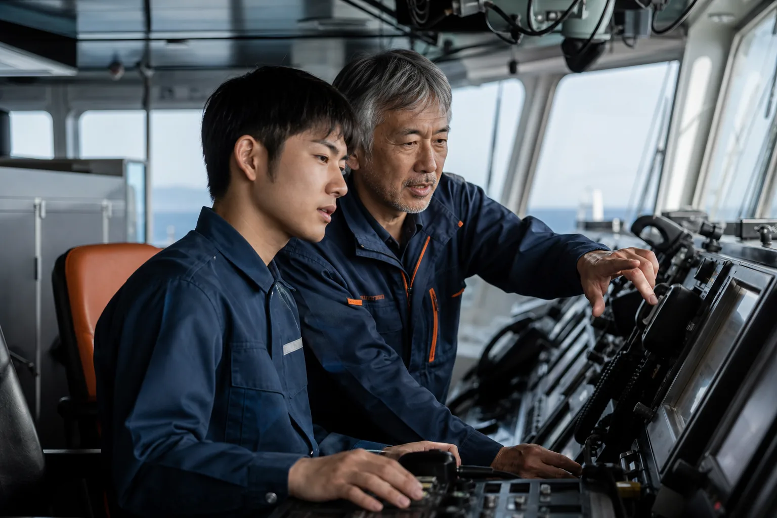 船内で航海計器を操作する技術者