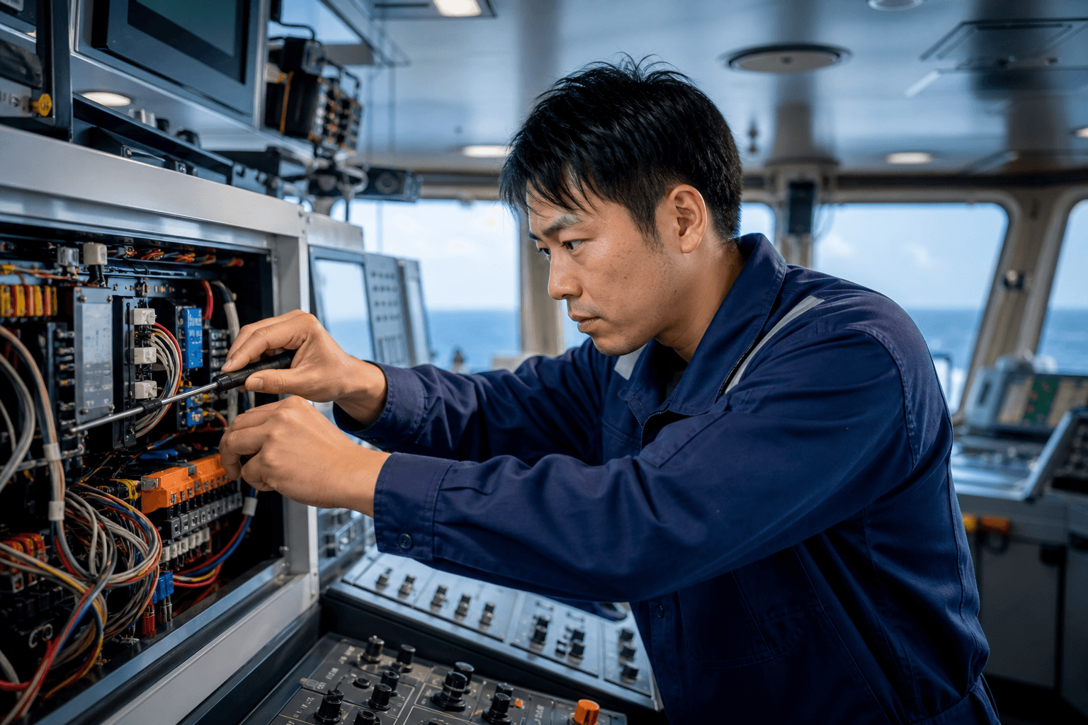 船内で機械を調整するFIT技術者