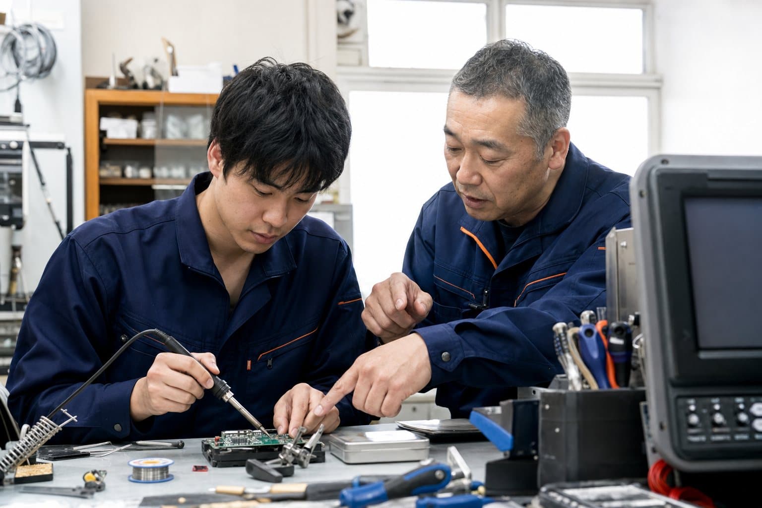 先輩と一緒に工具や機器の基本を学ぶ様子