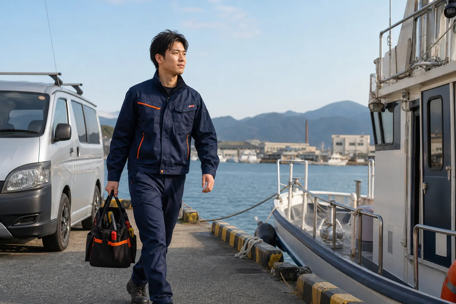 工具を持って現場へ向かう技術スタッフの様子